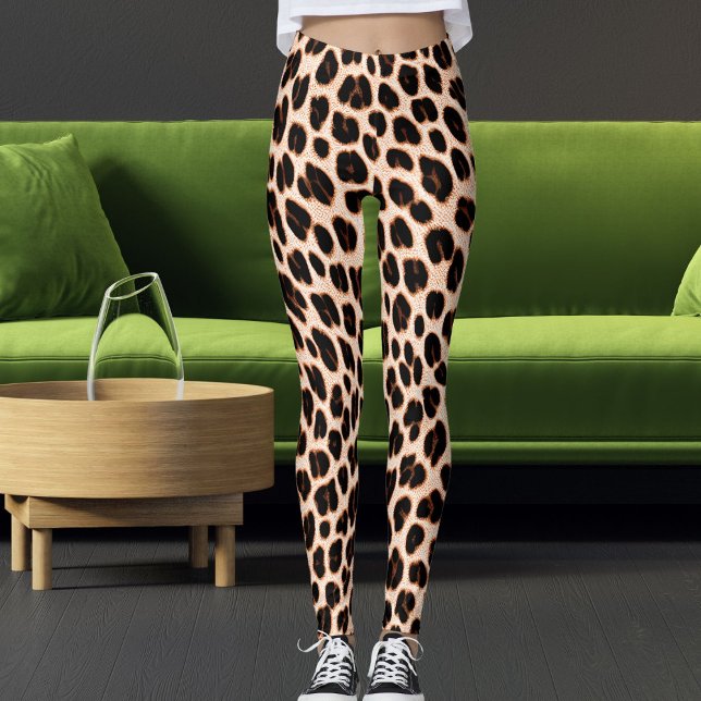 Svart Tan Vit Safari Leopard Hud Mönstertryck Leggings (Skapare uppladdad)