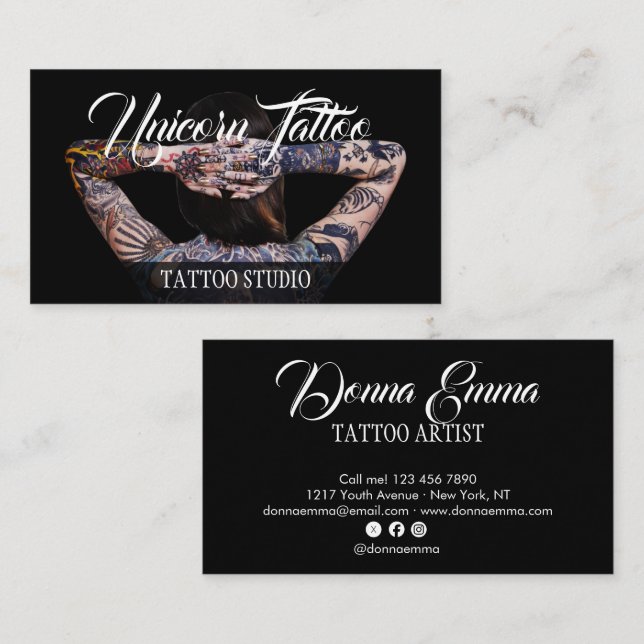 Svart tatuering konstnärer foto skript typografi visitkort (Fram/baksida)