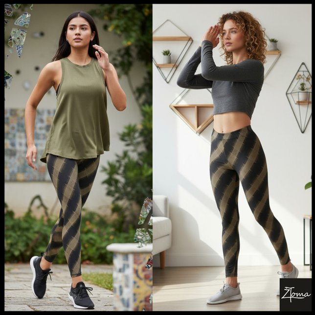 Svart Taupe Glitch Vävd Diagonal Rand Leggings (Skapare uppladdad)