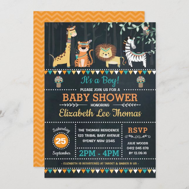 Svart tavla för baby shower för stam- inbjudningar (Fram/baksida)