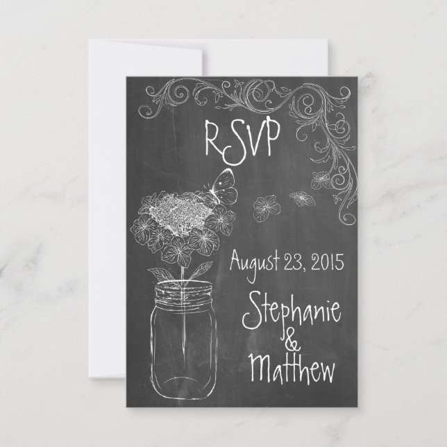 SVART TAVLA MASON JAR TRÄDGÅRD BRöllop RSVP OSA Kort (Framsida)