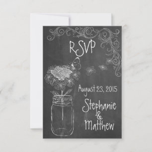 SVART TAVLA MASON JAR TRÄDGÅRD BRöllop RSVP OSA Kort