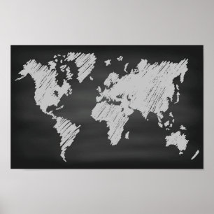 Svart tavlakarta för värld poster