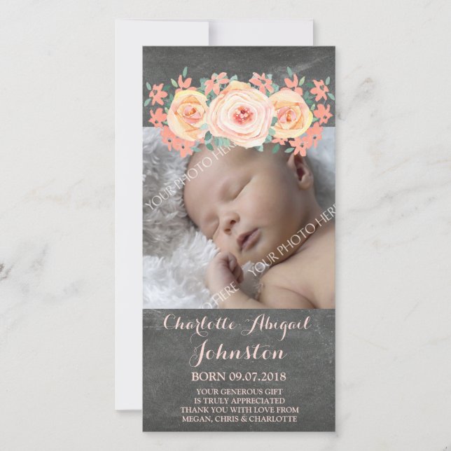 Svart tavlapersikan blommar tackbaby shower tack kort (Framsida)
