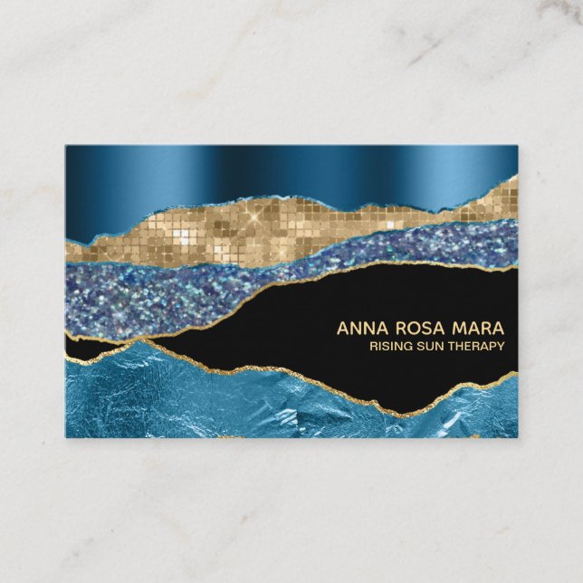 *~* Svart Teal Agat Geod Guld Glitter Glam Visitkort (Framsida)