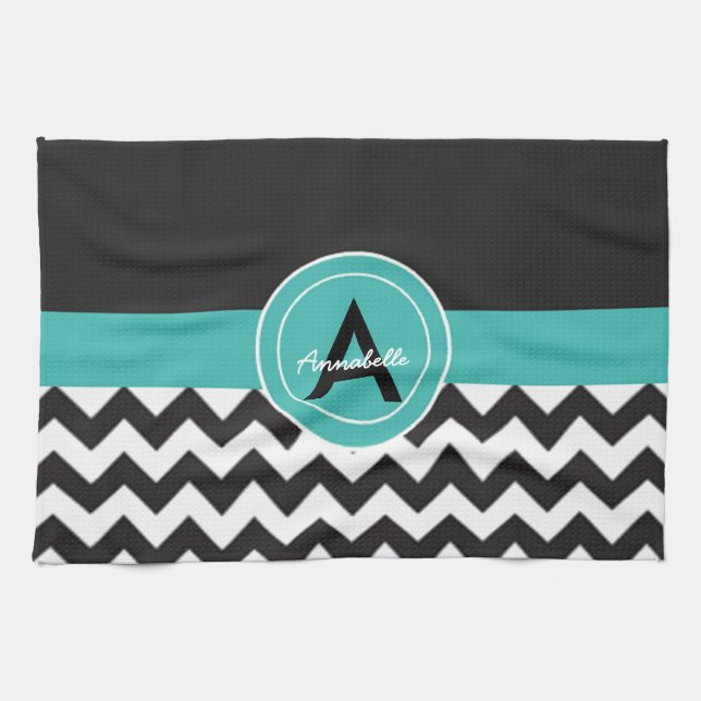 Svart Teal Chevron Kökshandduk (Horisontell)