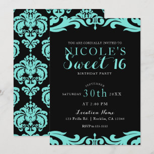 Svart & Teal Damast Chic Elegant Söt 16 Födelsedag Inbjudningar