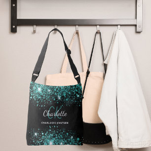 Svart teal grön glitterdamm monogram axelväska