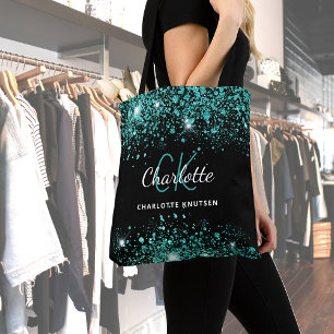 Svart teal grön glittermonogram tygkasse