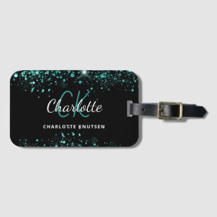 Svart teal grönt glitter stoftmonogram bagagebricka