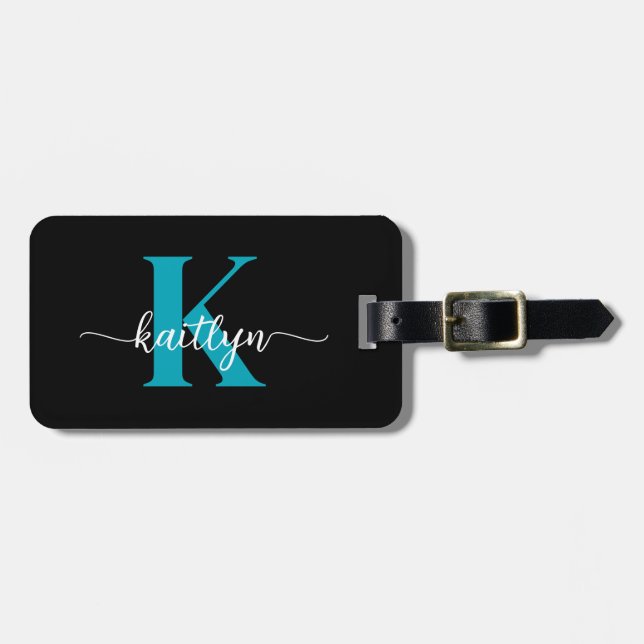 Svart Teal-monogram Bagagebricka (Horisontell Framsida)