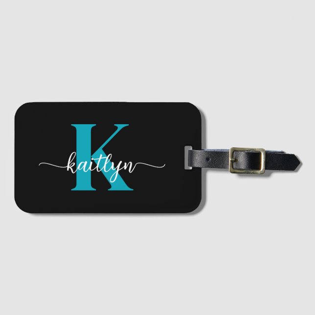 Svart Teal-monogram Bagagebricka (Framsida horisontal)