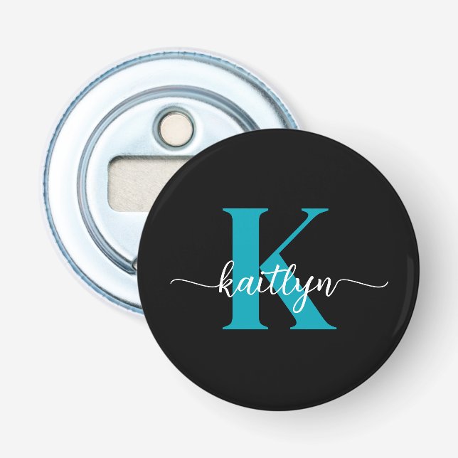 Svart Teal-monogram Flasköppnare (Framsidan)