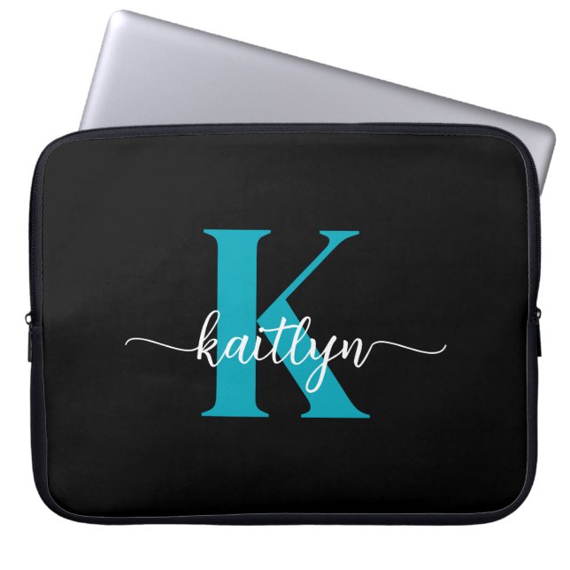 Svart Teal-monogram Laptop Fodral (Framsidan)