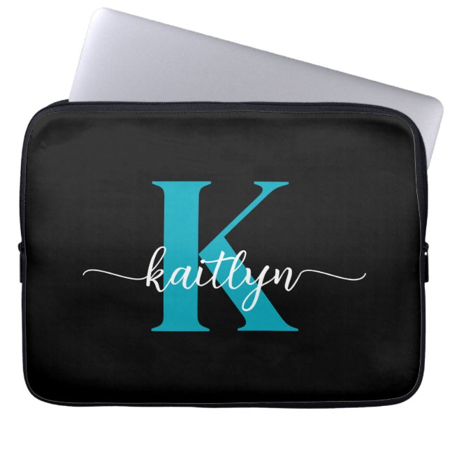 Svart Teal-monogram Laptop Fodral (Framsidan)
