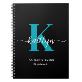 Svart Teal Monogram Skissbok Anteckningsbok