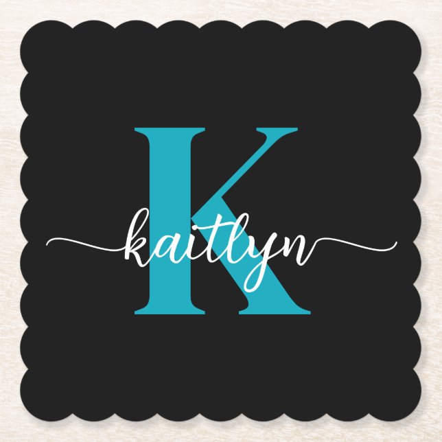 Svart Teal-monogram Underlägg Papper (Framsida)