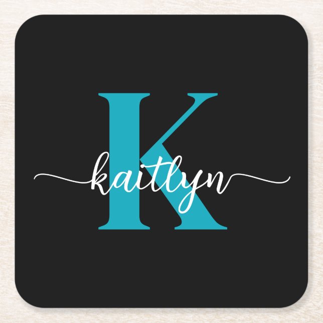 Svart Teal Monogram  Underlägg Papper Kvadrat (Framsidan)