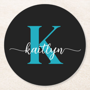 Svart Teal-monogram Underlägg Papper Rund