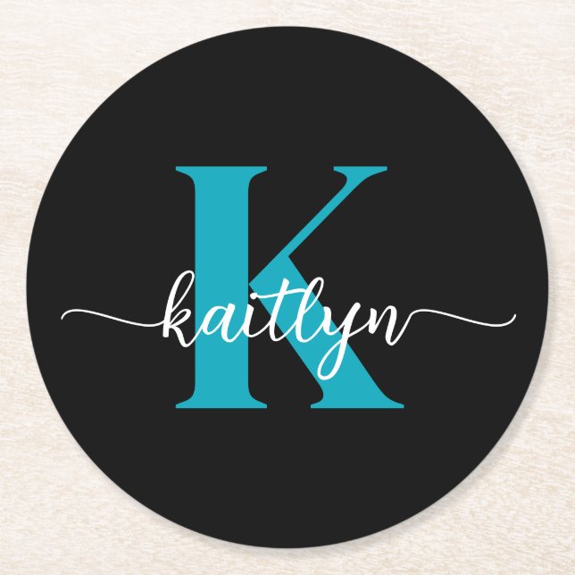 Svart Teal-monogram Underlägg Papper Rund (Framsidan)