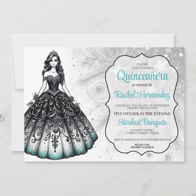 Svart & Teal Quinceañera-flicka Inbjudningar (Framsida)