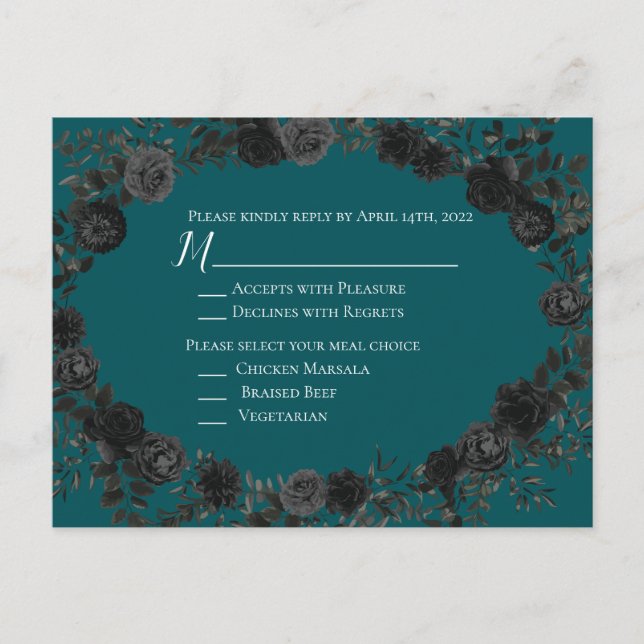 Svart Teal Ros Gothic Elegant Bröllop Vykort (Framsida)