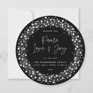 Svart teckensnitt Peace Kärlek+Joy Sparkling Ljus Julkort