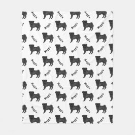 Svart Tecknad Pug Hund med Hund Mönster i Namn Fleecefilt