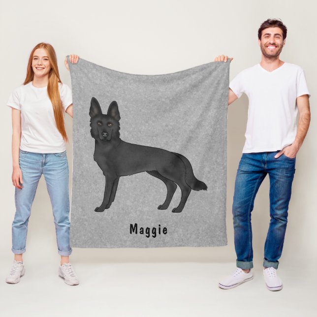 Svart Tecknad Schäferhund Valp Med Anpassad Text Fleecefilt (På plats)