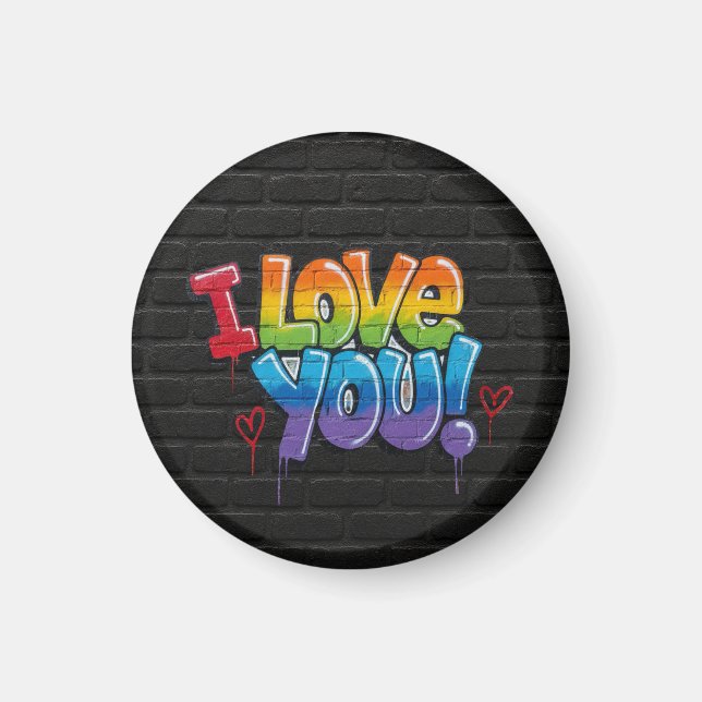 Svart tegelvägg med graffiti “Jag älskar dig!” Magnet (Framsidan)