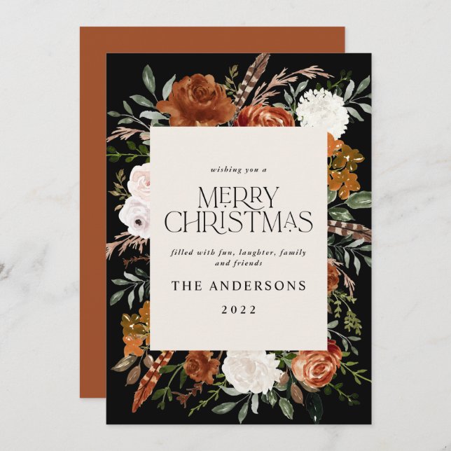 Svart teracotta blommigt botaniskt elegant-skript julkort (Fram/baksida)