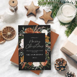 Svart teracotta blommigt botaniskt elegant-skript julkort<br><div class="desc">Black teracotta blommigt botanical elegant script God jul helgdag card.</div>