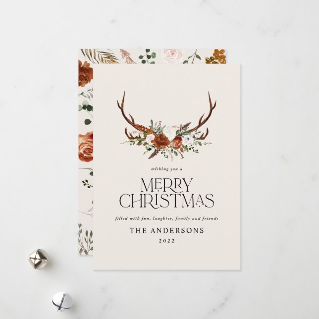 Svart teracotta botaniskt elegant blommigt alkohol julkort (Fram/Back In Situ)