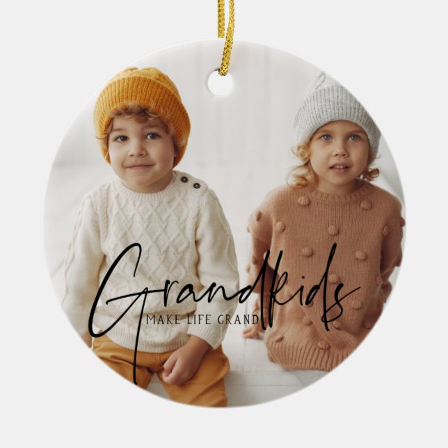 Svart text | Barnbarn Make Life Grand Photo Julgransprydnad Keramik (Framsidan)