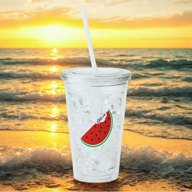 Svart text för anpassad Cute Summer Watermelon Nam Take Away Mugg (Personalized name summer vacation acrylic tumbler )
