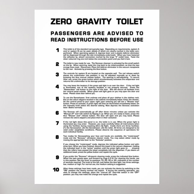 Svart text för Fullt Zero Gravity Bathroom Poster (Framsidan)