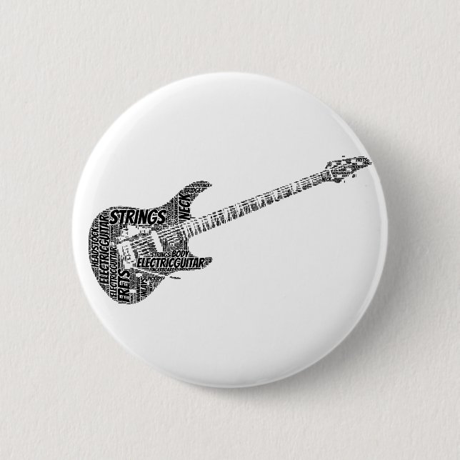 Svart text i Ord Art, formad med elgitarr Knapp (Framsida)