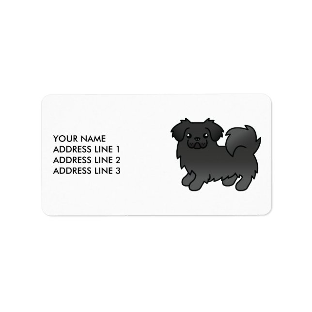 Svart tibetansk spaniel söt serietecknad hund & te adressetikett (Framsidan)