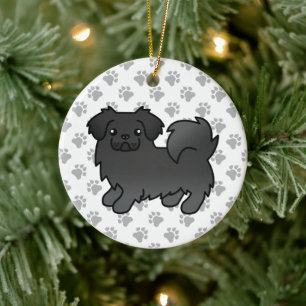 Svart tibetansk spaniel söt tecknad hund julgransprydnad keramik