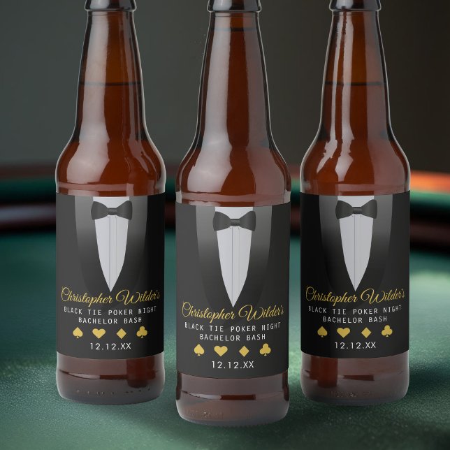 Svart Tie Pokernatt Sängkammarparty Ölflaska Etikett (It’s perfect for a classy bachelor night with a casino twist. Raise a toast to the groom-to-be!)