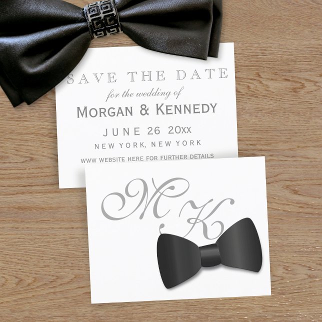 Svart Tie Tuxedo Bröllop Mini Spara datumkortet OSA Kort (An elegant black bow tie with space for your wedding/save the date on the reverse)