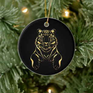 Svart tiger med guld rand julgransprydnad keramik