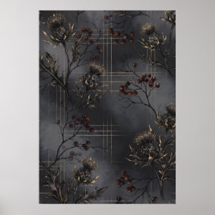 Svart Tistel Rönn Guld Tartan Botanisk Poster