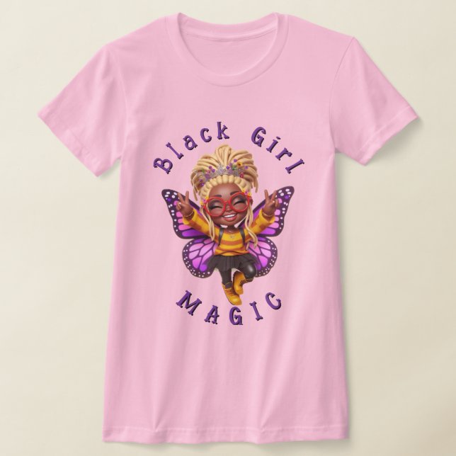 Svart Tjej Magi Fjäril Fée Rosa T-Shirt (Laydown)