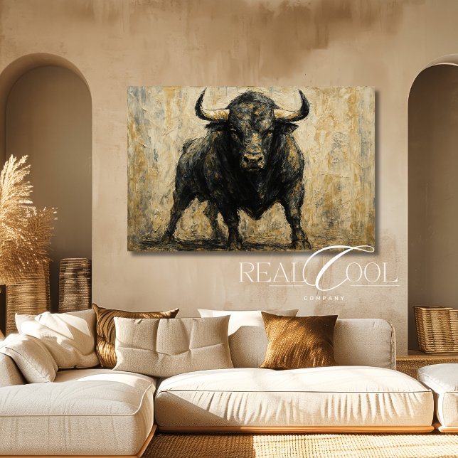 Svart tjur väggkonst målning på canvas (Western Bull Wall Art Black Neutral Tones)