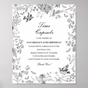 Svart Toile Blommig Tids Kapsel Baby Födelsedagsle Poster