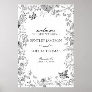 Svart Toile De Jouy Blommig Bröllops Välkomstskylt Poster