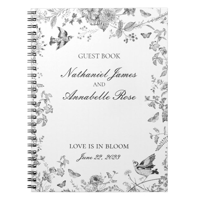 Svart Toile De Jouy Blommig Bröllopsgästbok Anteckningsbok (Framsidan)