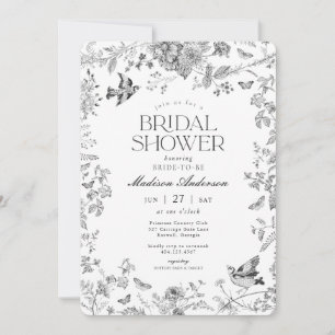 Svart Toile De Jouy Vintage Blommig Bröllopsdusch Inbjudningar