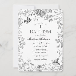 Svart Toile De Jouy Vintage Blommig Dopdekoration Inbjudningar